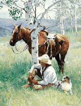 Конь и всадник под березкой