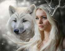 Девушка с белыми волосами и белая волчица