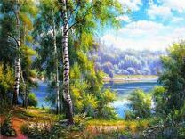 Березовый лес у летнего озера