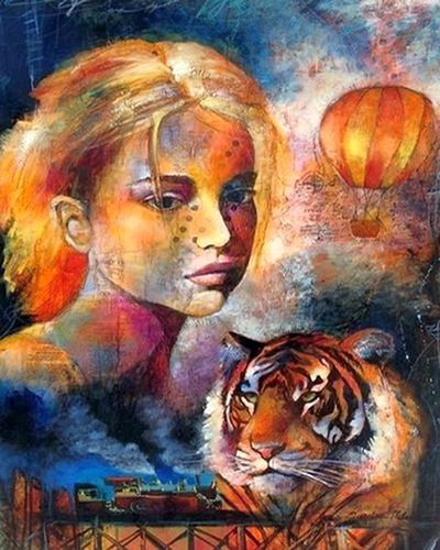 Картина по номерам 40x50 Девушка, тигр и воздушный шар