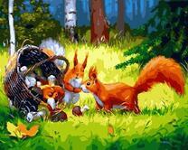 Белочки и корзинка с грибами