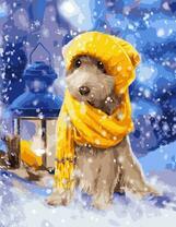 Щенок в желтом снежной ночью