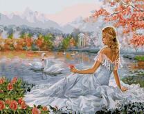 Девушка у озера с лебедями