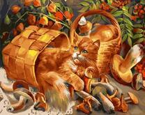 Кот в корзинке с грибами