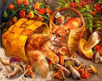 Рыжий кот в корзинке с грибами