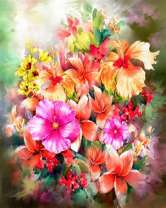 Яркие лилии и фиалки в букете