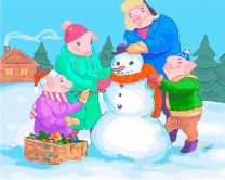 Семья поросят лепит снеговика