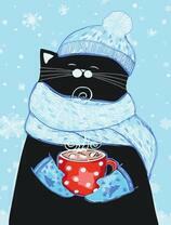 Черный кот с чашкой какао