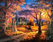 Карета на фоне особняка в осеннем лесу