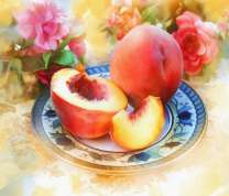 Спелые персики и пионы