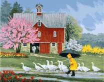 Мальчик с зонтом пасёт гусей