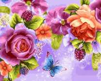 Розы, анютины глазки, виноград и бабочка