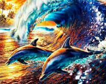 Два дельфина в высокой волне