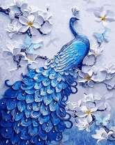 Голубой павлин на цветущей яблоне