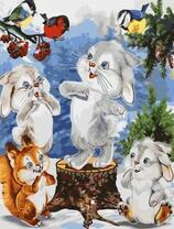 Зайчата и белочка на зимней поляне