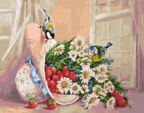 Ромашки клубника и любопытные синички