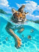 Тигр плывет с кошкой