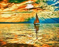 Парусник на воде в лучах солнца