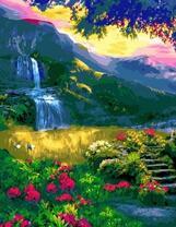 Живописный водопад в рассветных горах