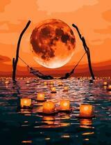 Гамак в воде на фоне красной луны