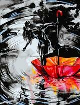 Девушка посреди реки на красном зонте