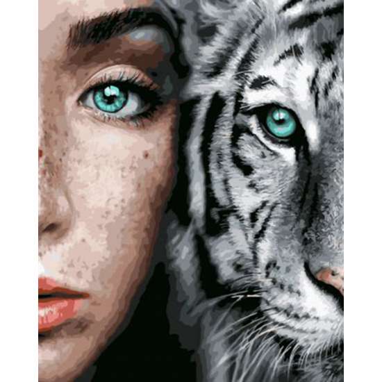 Картина по номерам 40x50 Девушка и белый тигр с зелеными глазами
