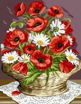 Круглая корзина с ромашками и маками