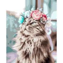 Пушистая кошка с розами
