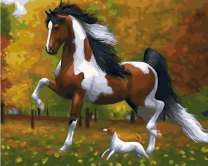 Лошадь и щенок на осенней прогулке