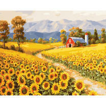 Хлев посреди поля подсолнухов