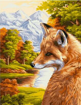 Лиса на фоне осеннего леса и гор