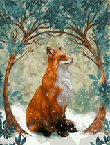 Лиса в зимнем лесу среди деревьев