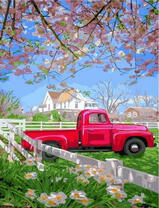 Красний пикап на ферме