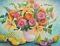 Букет с лилиями и фрукты