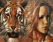 Портрет рыжего тигра и девушки