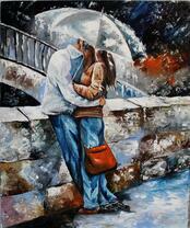 Поцелуй под зонтом на мосту