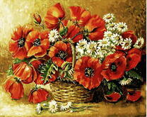 Корзина алых маков с ромашками