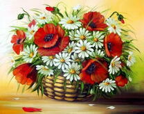 Маки и ромашки в маленькой корзинке