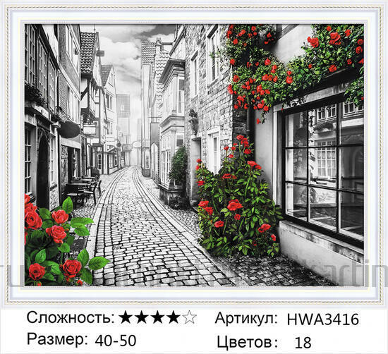 Алмазная мозаика 40x50 Серая городская улица с красными розами