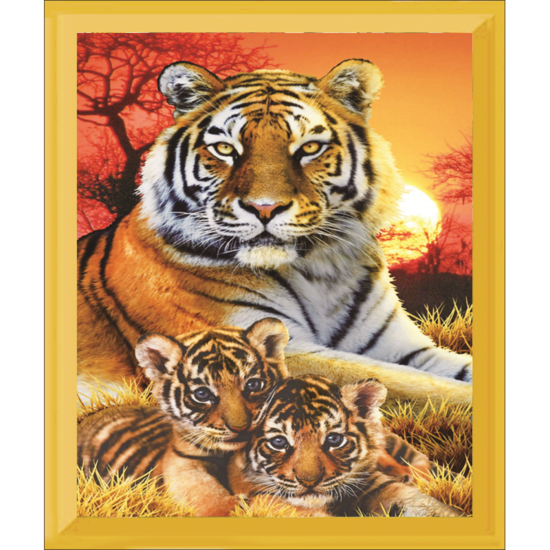 Алмазная мозаика частичная выкладка 21x25 Два тигрёнка с мамой в лучах заходящего солнца