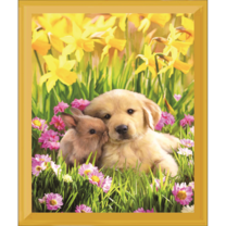 Щенок и кролик среди нарциссов