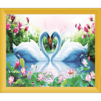 Два лебедя в виде сердца на озере