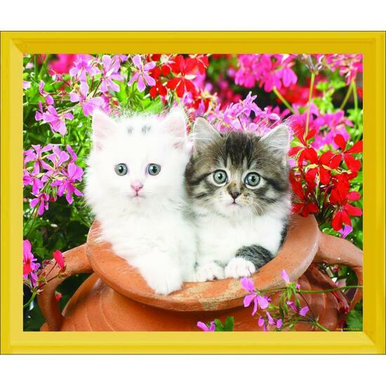 Алмазная мозаика частичная выкладка 21x25 Пушистые котятки в горшочке и цветы