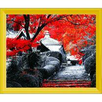 Дерево с красными листьями у домика