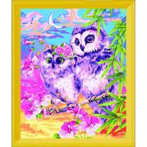 Розовые совы под луной в цветах