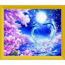 Дельфины под луной и сакуры на берегу