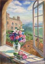 Букет на окне с видом на замок