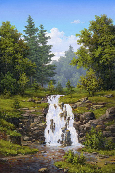 Картина по номерам 40x50 Пейзаж с водопадом в лесу