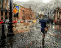 Вид на дождь в городе через окно