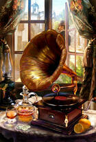 Мужчина слушает громофон